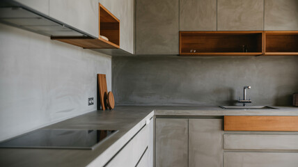 Sleek modern kitchen design with minimalist concrete countertops and wooden accents, inviting home cooking and culinary creativity