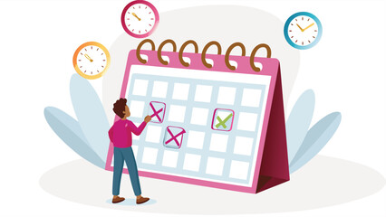 Isometric illustration of a person marking days on a calendar symbolizing planning scheduling or tracking progress with a clean modern design