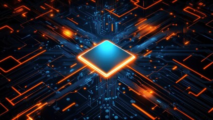 Futuristic glowing blue CPU processor chip with vibrant orange and blue circuit board lines, symbolizing digital technology, data, and artificial intelligence.