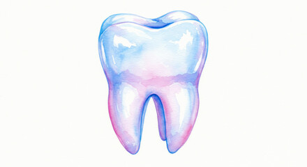 Watercolor illustration of a healthy human tooth with purple and blue hues. Dental care concept for oral hygiene and dentistry promotion.