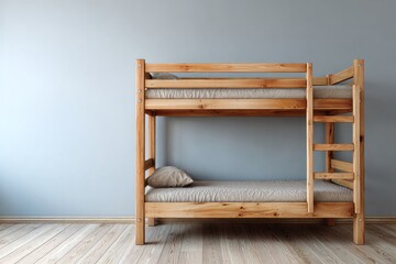 Wooden bunk bed stands against a light blue wall in a room with wooden flooring