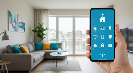 Woman controlling smart home system with mobile app on smartphone in modern living room. Internet of things, automation, and remote house management concept.