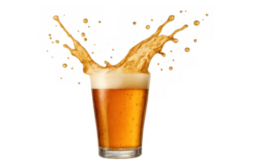 Glass of refreshing lager beer splashing with foam and liquid drops, celebrating a cool summer drink, transparent background