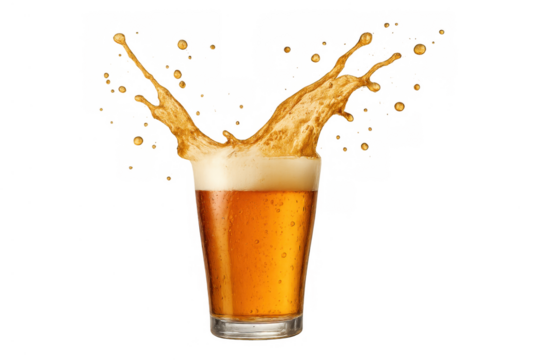Glass of refreshing lager beer splashing with foam and liquid drops, celebrating a cool summer drink, transparent background