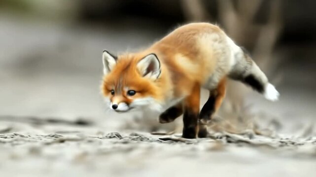 Playful fox kit pounces sandy terrain