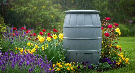 Rain falling into a grey water barrel in a colorful garden with spring flowers. Sustainable gardening and water conservation concept.