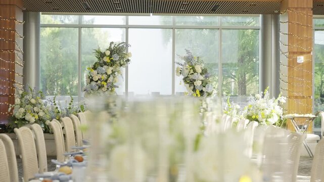 Elegant floral display wedding table glassware banquet setting prepared for dining ceremony event