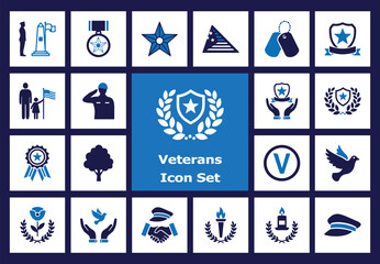 Flat Color Icons: Veterans, Military Service, Memorial Day, Remembrance, Soldier, Medal, Dog Tags, Honor, Salute, Peace Dove, Wreath.