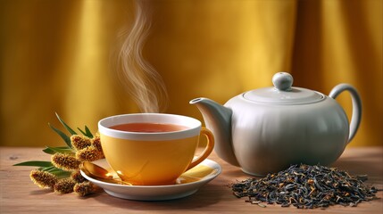 A teapot and a cup of tea sit on a table with some leaves. The teapot is white and the cup is yellow