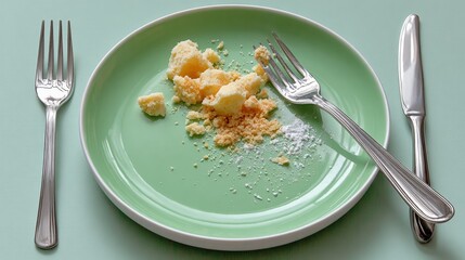 A plate of food with a fork and knife on it. The plate is half eaten and has a lot of food on it