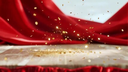 A festive red stage for an award ceremony with a grand backdrop.