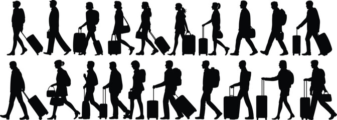 Travelers walking with luggage, airport silhouettes, black icons, tourism concept, transit people, travel illustration, journey, vacation, backpack, suitcase