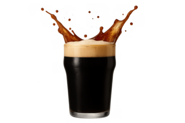 Dark stout beer glass splashing with creamy foam, refreshing beverage creating dynamic liquid motion on transparent background