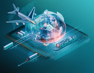 Global logistics 3D concept with air, land, and sea transportation around a digital smart city. High-tech supply chain platform network with cargo planes, container ships, trucks, automated routing