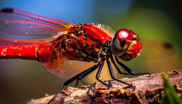 Close up of a bright red dragonfly perched on a small twig, with blurred green background