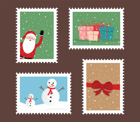 Christmas Postage Stamp Set with Santa, Snowman and Gifts Illustration
