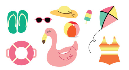 Summer Beach Items Illustration with Flamingo, Flip Flops and Accessories