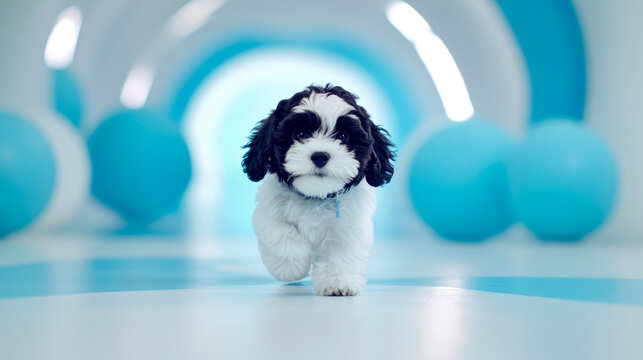 Charming black and white fluffy puppy confidently walks forward in bright, ethereal blue and white arched tunnel with soft, blurred balloons creating serene, playful backdrop