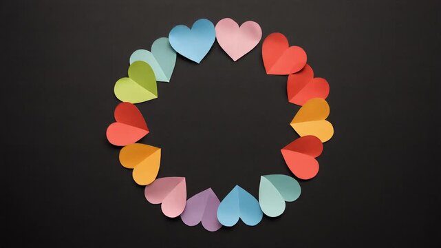 Circular arrangement of multicolored paper hearts forming a smooth gradient across the color spectrum on a black background, showcasing symmetry and visual harmony.