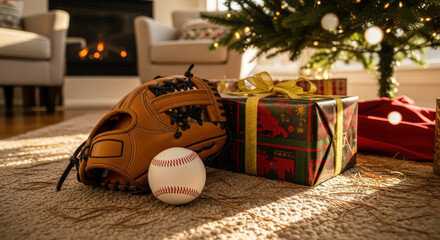 Baseball gift under a Christmas tree: Leather glove, ball, and wrapped present suggesting sports and holiday celebration