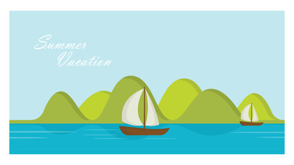 Summer Vacation Landscape with Sailboats and Green Mountains