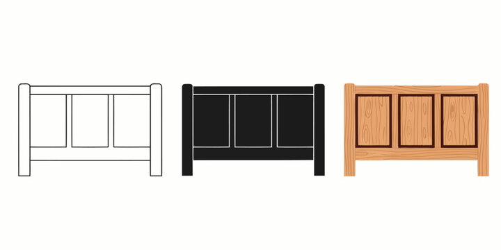 Wooden bed headboard Vector Set in Three Styles &mdash; Line Art, Silhouette and Color Version with three rectangular panels for minimalist furniture designs