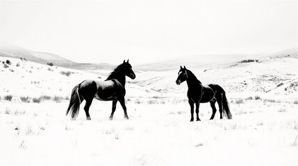 Three black horses standing in snowy field with distant hills under white sky. The winter landscape and monochrome scene suggest solitude, strength, and wild freedom.