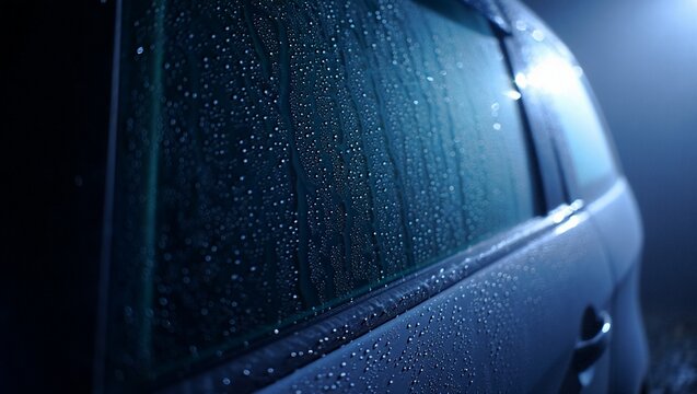 Dark blue plastic, car, moisture, condensation, atmospheric, water droplets, surface, texture, wet, shiny, reflective, cold, outdoor, weather, rain, environment, damp, glossy, coating, automotive, mat