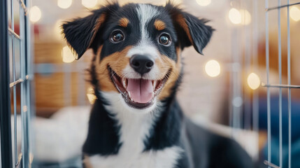 Captivating close-up of cheerful tricolor puppy with bright eyes and open-mouthed smile, framed by metal crate bars and soft, glowing bokeh lights