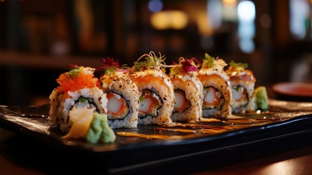 Assorted sushi rolls on wooden platter
