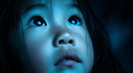 close-up of a young child's eyes looking upwards, 