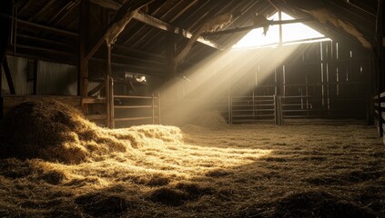 Golden sunlight piercing through dusty air in a rustic old barn, illuminating hay on the floor and wooden architecture.