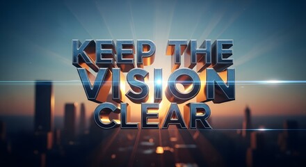 Inspirational message displayed in bold 3D text against a cityscape background with a sunrise or sunset sky, encouraging clarity and focus in vision and goals