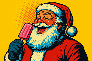 Santa Claus joyfully enjoying a pink ice cream, blending Christmas spirit with summer fun and humor. Generative ai vector colorful pop art illustration.