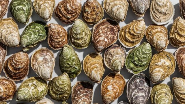 A vibrant overhead view of numerous fresh oysters. Displaying their natural colors and unique shell textures. Perfect for culinary themes and seafood market promotions