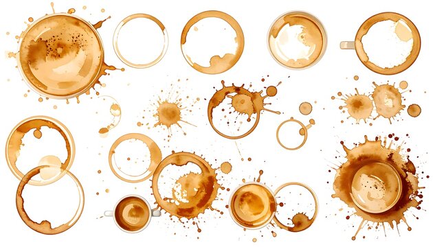 Assorted coffee ring stains & cup marks in various sizes and intensities, scattered on a white background
