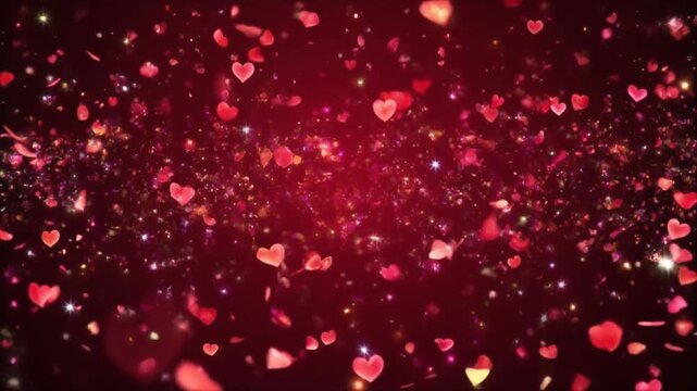 Numerous red and pink heart shapes of varying sizes floating against a dark background with sparkling light effects, creating a magical and romantic atmosphere.