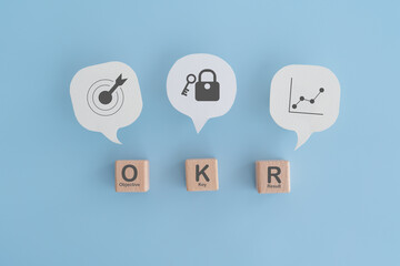 For business planning and measure success, target achievement, OKR text (Objectives, Key and Results) on wooden cube blocks and icon on real white speech bubble