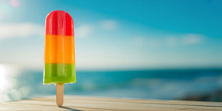 Close up of a red orange and green popsicle on a wooden surface with a blurred ocean background ice pop