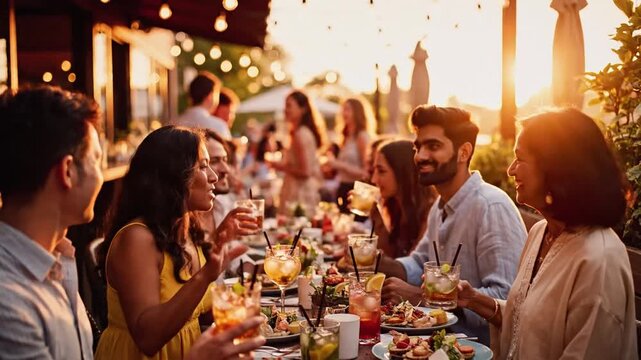 3230155 363 a group of people, defocused, at a summer outdoor restaurant and bar, sunny warm lights and soft bokeh, during golden hour 33423369 1
