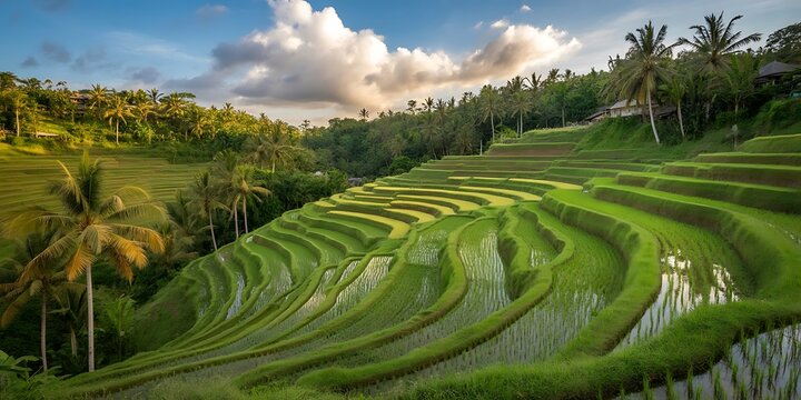 Lush green terraced rice fields with palm trees and a cloudy blue sky at sunset rice terraces agriculture
