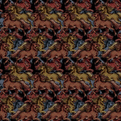 Dynamic watercolor pattern of running horses in a camouflage design on a black background. A powerful, artistic blend of wildlife energy and military style.