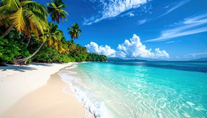 Fototapeta premium A pristine tropical beach with white sand, crystal-clear turquoise water, and vibrant green palm trees lining the shore under a sunny sky.