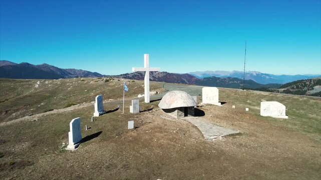 Annitsa Monument in Grevena Greece, War Memorial in Greek Mountains near Samarina Historic Village, Aerial View