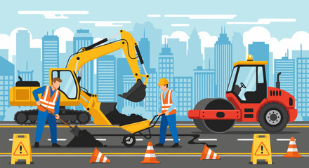 Flat vector illustration of a road construction site in the city with workers, excavator, and roller repairing the street pavement against a modern skyline. b © PDWN Creative