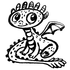 A cute dragon with big eyes, a crest on its head, small wings, and spikes on its back and tail, sitting and smiling, vectorized drawing