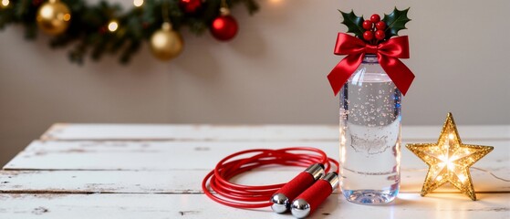 Christmas fitness gift concept with a decorated water bottle and jump rope. Healthy holiday lifestyle and New Year's resolution theme on a festive background with copy space
