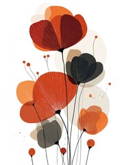 Abstract floral illustration with red and orange poppies