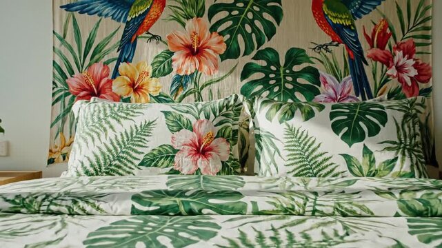 Vibrant Bedroom for Nature Enthusiasts Featuring Floral and Bird Fabric Wall Art Above a Bed Draped in Green Plant-Patterned White Linen, Realistic Photo
