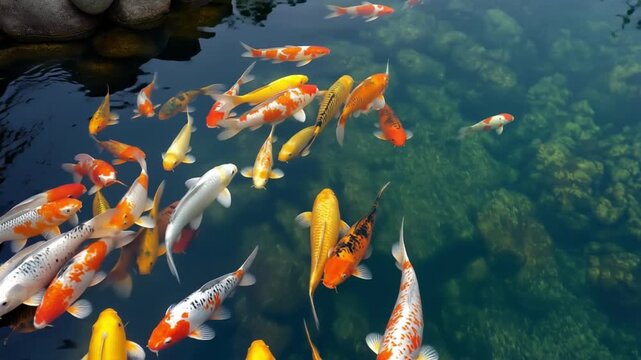 Colorful koi fish swimming in clear pond water with stones  